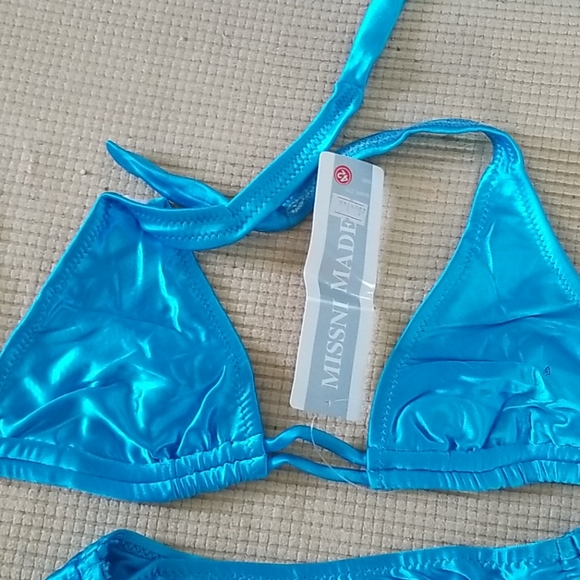 Aqua Blue Satin like Bikini Triangle top M 2 piece - Picture 2 of 4